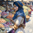 Traditional Attired Woman at Busy Fruit Market