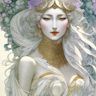 Detailed Fantasy Illustration of Woman in Ornate Jewelry & Blue Headdress