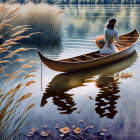 Woman in white dress rowing canoe among tall reeds on calm water