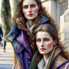 Two women with flowing hair in ornate blue coats against elegant outdoor background