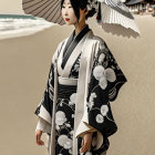 Traditional Japanese kimono woman with parasol on beach with pagoda.