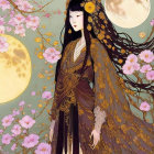 Illustrated woman in traditional attire with black hair, pink lilies, full moon