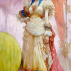 Stylized cosmic women in ornate attire against starry background