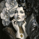 Ethereal woman with white flowers, gold jewelry, and feathered garment