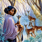 Woman in Purple Shawl Surrounded by Deer in Enchanted Forest