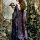 Woman in violet dress with lantern in mystical forest