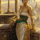 Traditional Asian attire woman on balcony overlooking cityscape at sunset