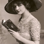 Woman in wide-brimmed hat reading book under wisteria tree with sunlight filtering through blooms