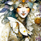 Ethereal woman with golden eyes, floral hat, jewelry, surrounded by flowers and butterflies