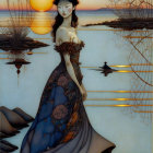 Stylized painting of woman by tranquil lake at sunset