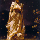 Woman in golden gown with starry accents against dark star-lit background