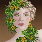 Detailed Ornate Green and Gold Headdress Adorns Elegant Woman