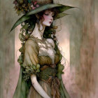 Illustrated woman in green dress and hat with curly hair, surrounded by autumn leaves and butterflies