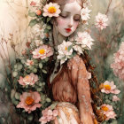 Ethereal woman in floral headdress and lace gown surrounded by flowers and butterflies