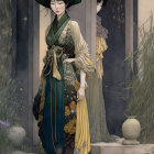 Traditional Asian Attire Woman with Wide-Brimmed Hat and Bag in Floral Scene