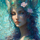 Illustrated portrait of woman with blue hair in water with flowers and columns