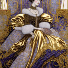 Regal woman in ornate gold and purple gown with intricate patterns