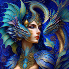 Fantasy art: Woman with blue skin and dragon-inspired adornments.