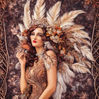 Illustrated Woman with Golden Feather Headdress and Mystical Aura amid Bronze Foliage