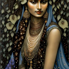 Vibrant digital artwork of woman with blue hair and gold jewelry in contemplation