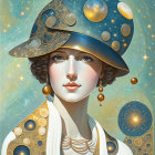 Woman adorned with gold jewelry and celestial-themed hat against decorative background.