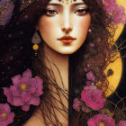 Vibrant illustrated portrait of woman with elaborate head jewelry, flowers, stars.