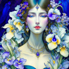 Portrait of Woman with Blue and Purple Floral Motifs and Jeweled Headpiece