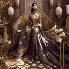 Regal woman in gold and purple gown on ornate throne