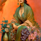 Brown-haired woman surrounded by jewels and flowers in a fantasy setting.