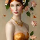 Digital painting of woman with green eyes, red hair, gold dress & floral adornments