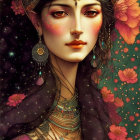 Stylized portrait of woman with intricate jewelry and purple headdress