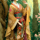 Detailed Golden Gown: Elegant Woman Among Blossoming Trees