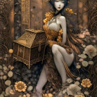 Golden-dressed woman on throne with cats and mysterious box in intricate metallic foliage.