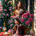 Two women in elegant gowns at a floral adorned table in opulent garden setting