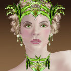 Illustrated woman with green eyes and red lips in ornate gold headpiece and floral necklace against pink