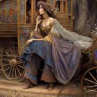 Elaborately dressed woman on fantasy carriage in mystical forest