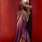 Woman in Purple and Gold Gown on Red Ombre Background