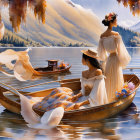 Two Women in Elegant White Dresses on Boat with Serene Lake and Mountain Backdrop