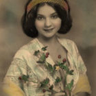 Woman with Black Hair Surrounded by Orange Flowers and Leaves Holding Orb