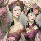 Illustration of two women in pink floral hats amid blooming trees