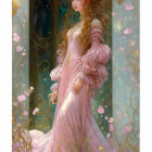 Elegant woman in pink dress by golden door and lush greenery