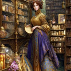 Woman in burgundy dress reads book in candlelit library with crescent moon.