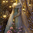 Ethereal woman in flowing dress in enchanted forest with glowing lanterns