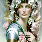 Woman portrait with floral headdress and silk gown details