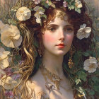 Detailed illustration of woman with floral headdress and intricate jewelry in lush foliage.