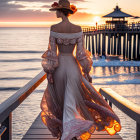 Elegant woman walking on pier at sunset with ocean backdrop