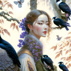 Illustrated woman with birds, blue flower, fur collar, cherry blossoms