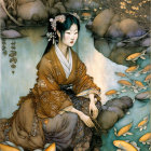 Illustration of pale-skinned woman in gold and black robe under golden tree