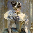 Victorian woman in blue and gold dress with ornate hair accessories in front of golden mirror