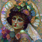 Art Nouveau Woman Profile with Floral Patterns and Bird